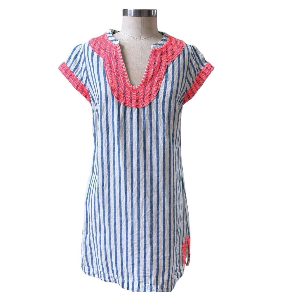 Boden Yasmin Shift Dress 100% Linen Striped Embroidered 6P Blue White Resort